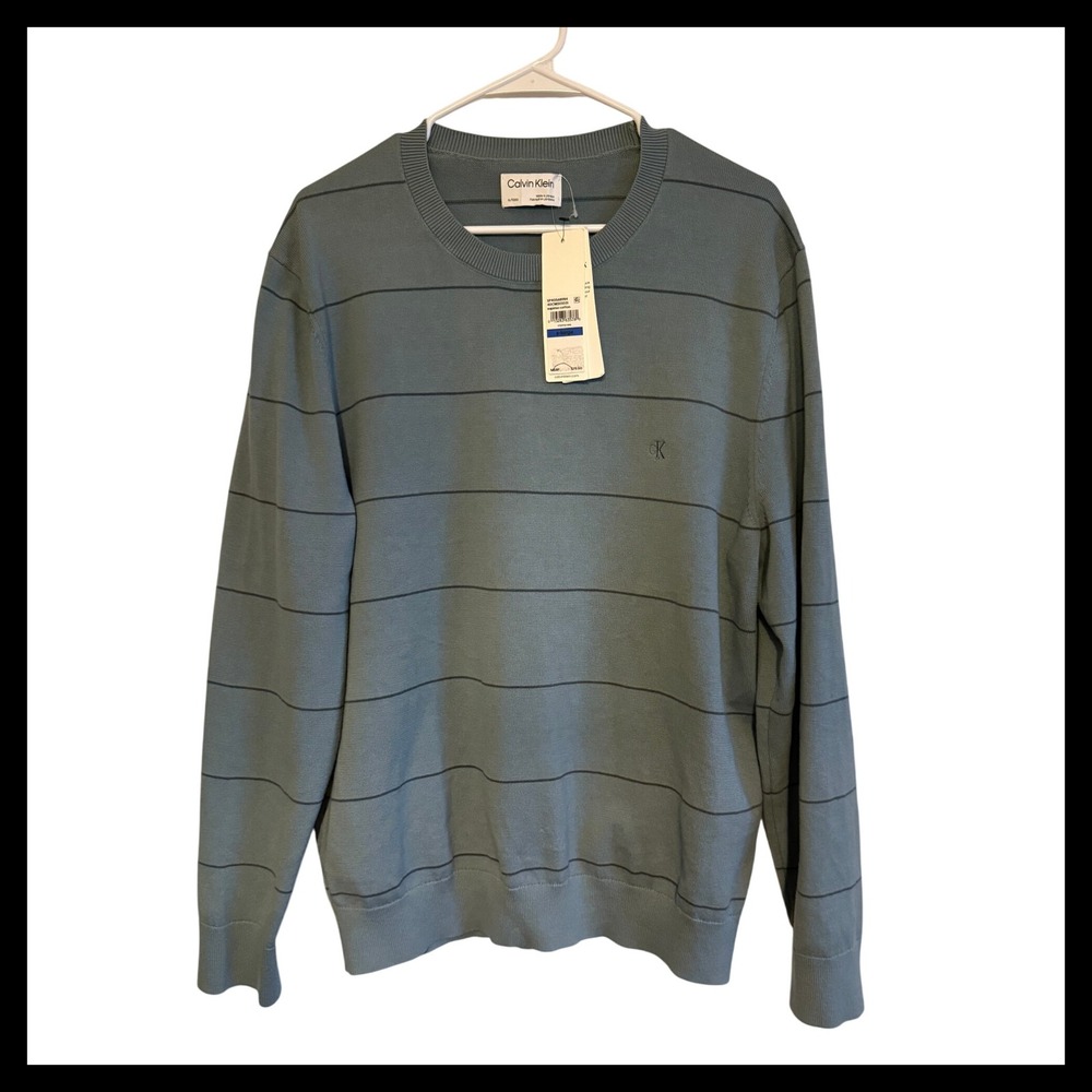 NWT Calvin Klein Supima Cotton Striped Sweater Mens XL Stormy Sea‎ Crew Neck